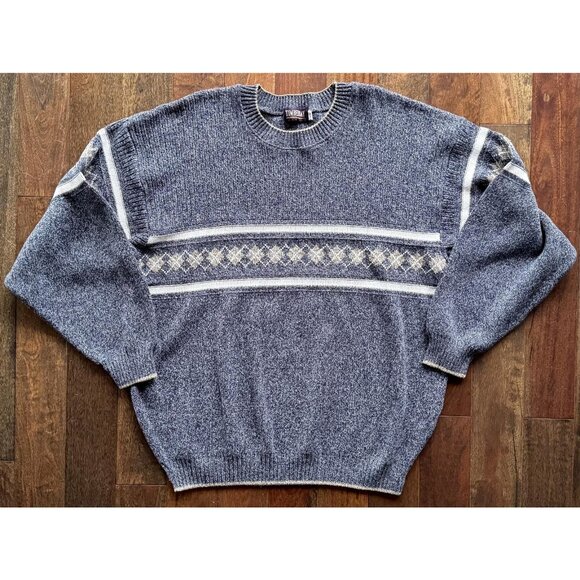 90s vintage mens blue grey grandpa argyle print casual long sleeved knit sweater - Picture 9 of 10